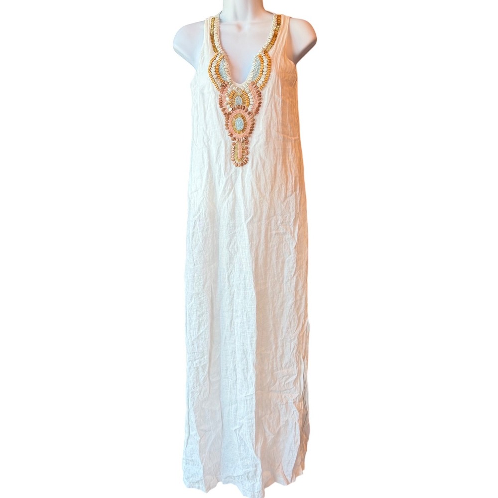 Boston Proper White Linen Maxi Dress Size XXS Beaded Embellished Boho Resort